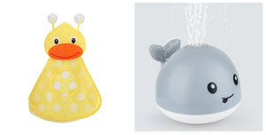 Yellow duck and gray whale bath toys with water sprays on a white background