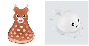 Plush toy deer with measurement chart on a white background