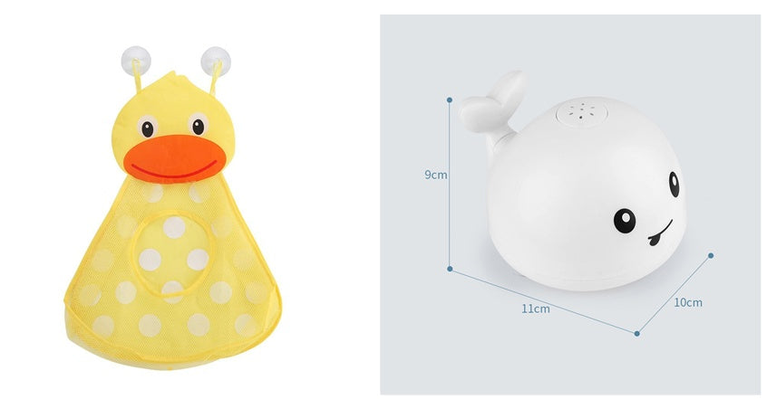 Yellow duck-shaped product with white polka dots and a white round product with black eyes and a red mouth on a light gray background.