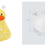 Yellow duck-shaped product with white polka dots and a white round product with black eyes and a red mouth on a light gray background.