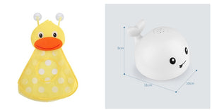 Yellow duck-shaped product with white polka dots and a white round product with black eyes and a red mouth on a light gray background.