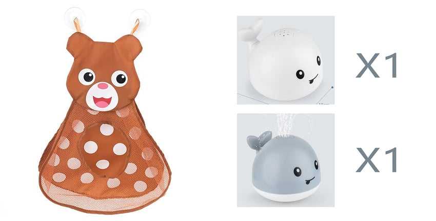 Plush toy with deer design and two whale toys on a white background