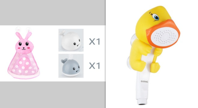 Yellow toy with a speaker, rabbit, bear, and whale toys on a gray background