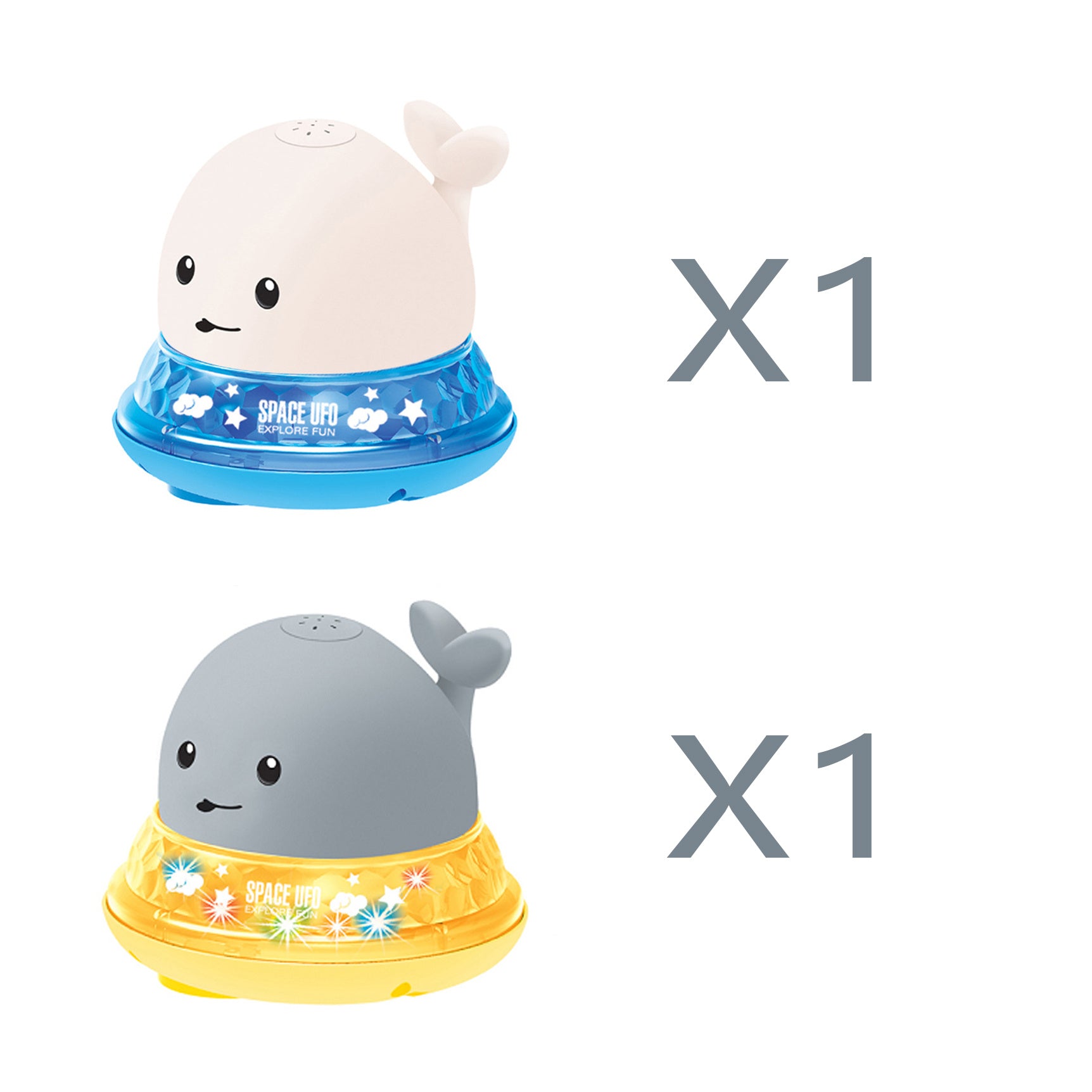 Two whale-shaped bath toys with blue and yellow bases on a white background