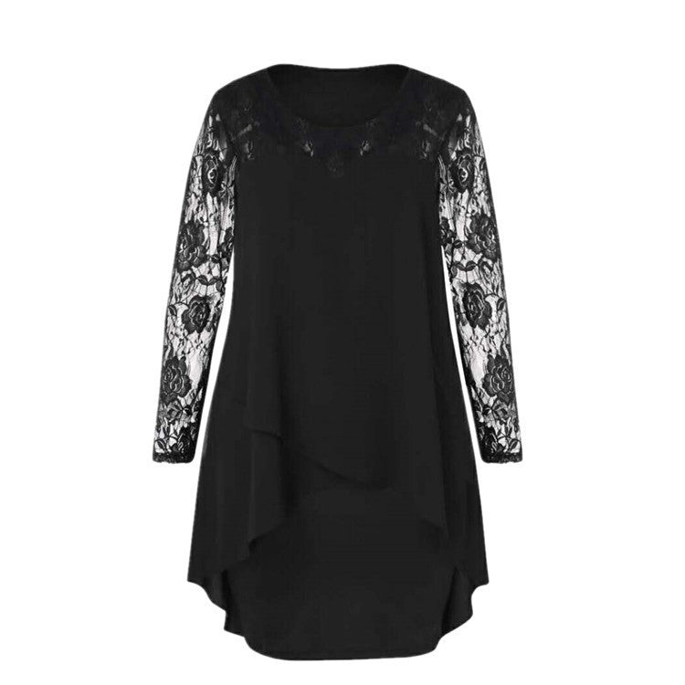 Black dress with floral lace sleeves on a white background
