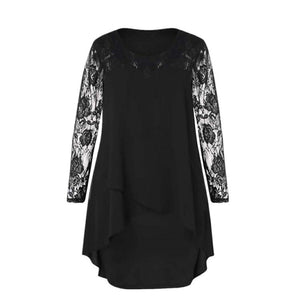 Black dress with floral lace sleeves on a white background