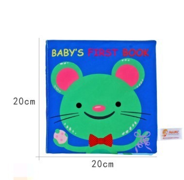 Baby's first book with a green mouse design on a blue background, size indicated as 20cm x 20cm.