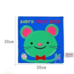 Baby's first book with a green mouse design on a blue background, size indicated as 20cm x 20cm.