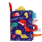 Children's soft book with dinosaur illustrations on a white background