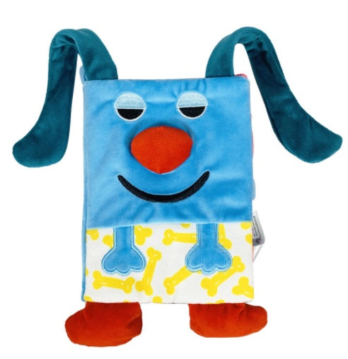 Blue plush toy with a smiling face and dog bone pattern on a white background