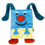 Blue plush toy with a smiling face and dog bone pattern on a white background