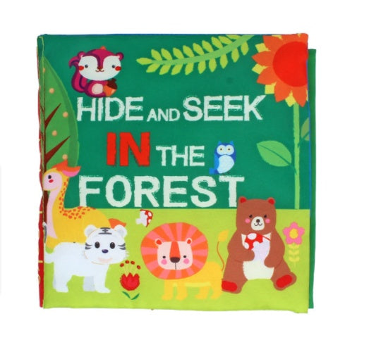 Children's book cover titled 'Hide and Seek in the Forest' with animal illustrations on a green background.
