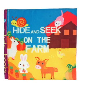 Children's book titled 'Hide and Seek on the Farm' with farm animals illustrations.