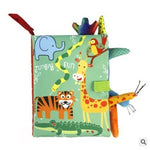 Children's soft book with colorful animal illustrations on a white background