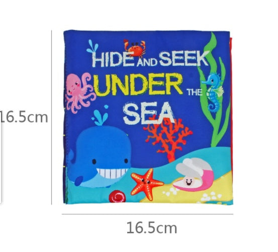 Children's book titled 'Hide and Seek Under the Sea' with colorful illustrations on a blue background.