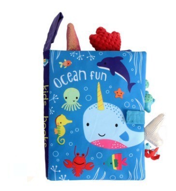 Children's book titled 'Ocean Fun' with colorful illustrations of sea animals on a blue background.