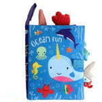 Children's book titled 'Ocean Fun' with colorful illustrations of sea animals on a blue background.