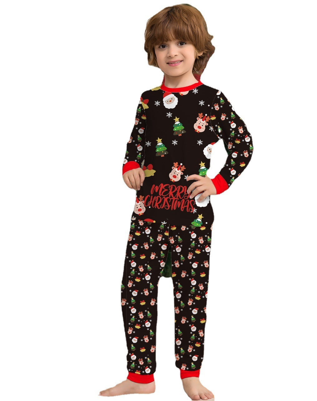 Child wearing a black Christmas-themed pajama set with red accents on a white background