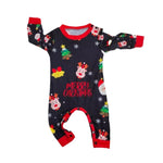 Christmas-themed baby onesie with reindeer, Santa Claus, and snowflakes on a white background