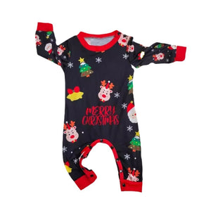 Christmas-themed baby onesie with reindeer, Santa Claus, and snowflakes on a white background