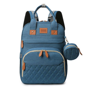 Blue backpack with matching pouch on a white background
