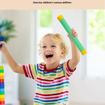 Child playing with colorful toys, engaging in exercise reflexes and thought training activities.