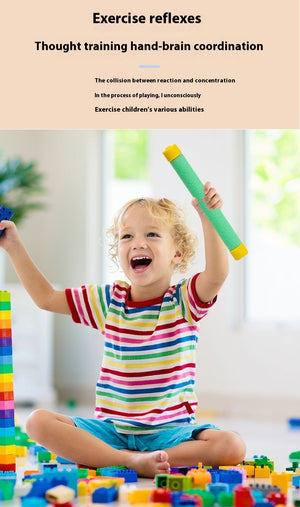 Child playing with colorful toys, engaging in exercise reflexes and thought training activities.