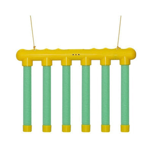 Yellow and green plastic tube toy on a white background