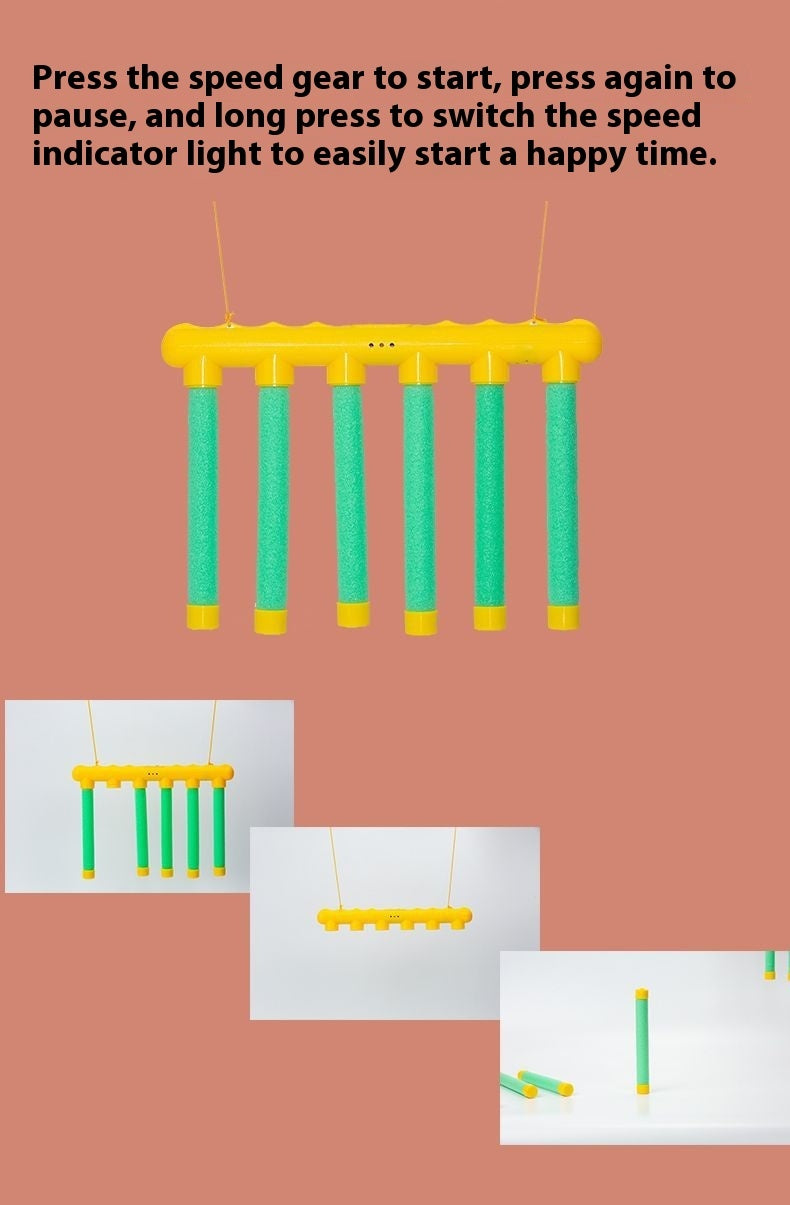 Toy with green and yellow bars on a pink background with text instructions.