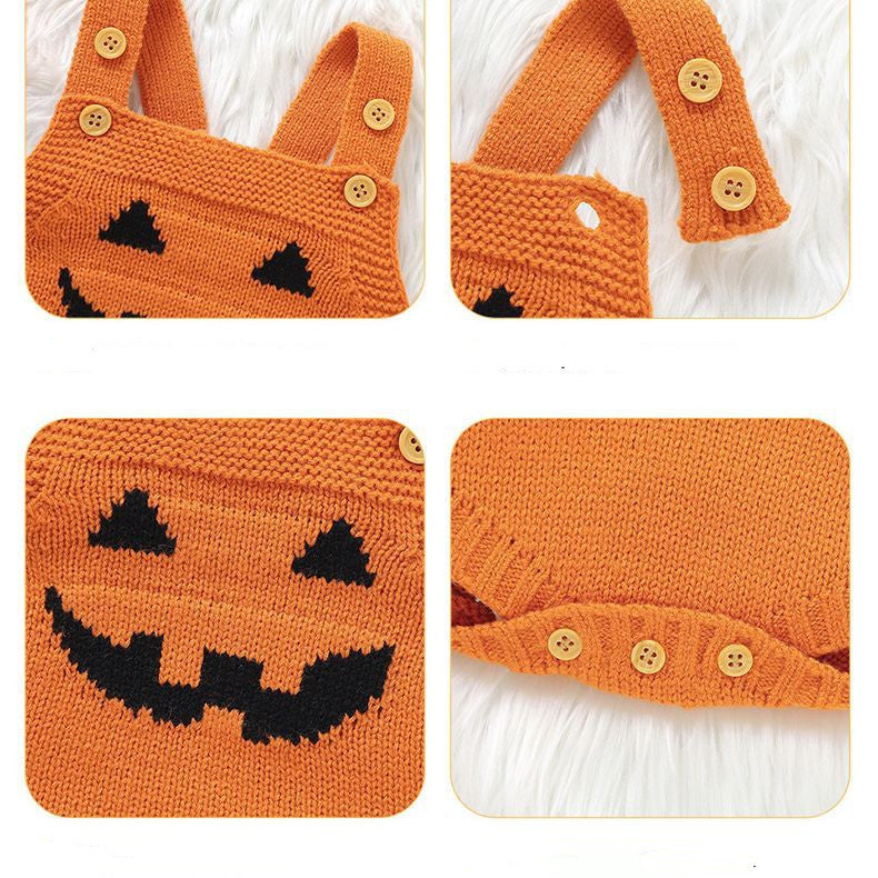Knitted Halloween costume with pumpkin face design on a white background
