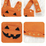 Knitted Halloween costume with pumpkin face design on a white background