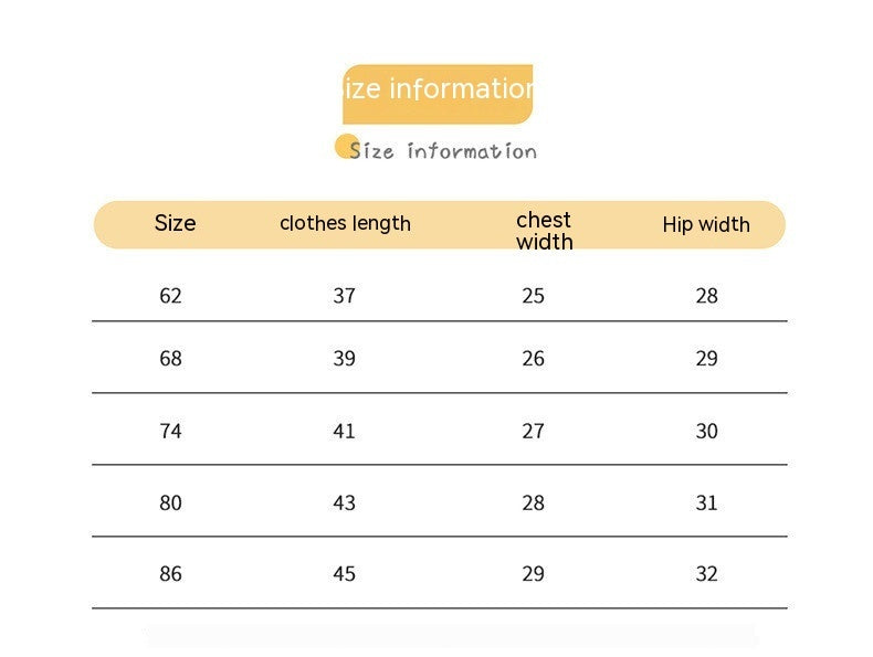 Size information chart for clothes with dimensions in centimeters.