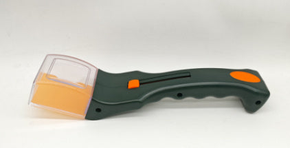 Paint scraper with a clear plastic handle on a white background