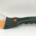Paint scraper with a clear plastic handle on a white background