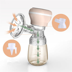 Breast pump with clear reservoir and beige top on a white background