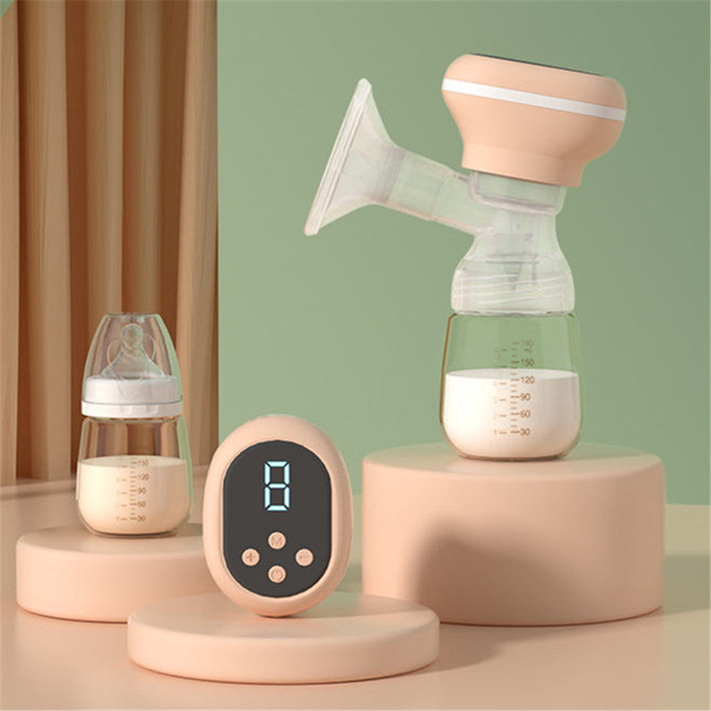 Breast pump with digital display and milk bottle on a green background