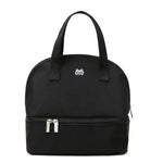 Black backpack with a logo on a white background