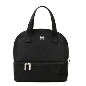 Black backpack with a logo on a white background