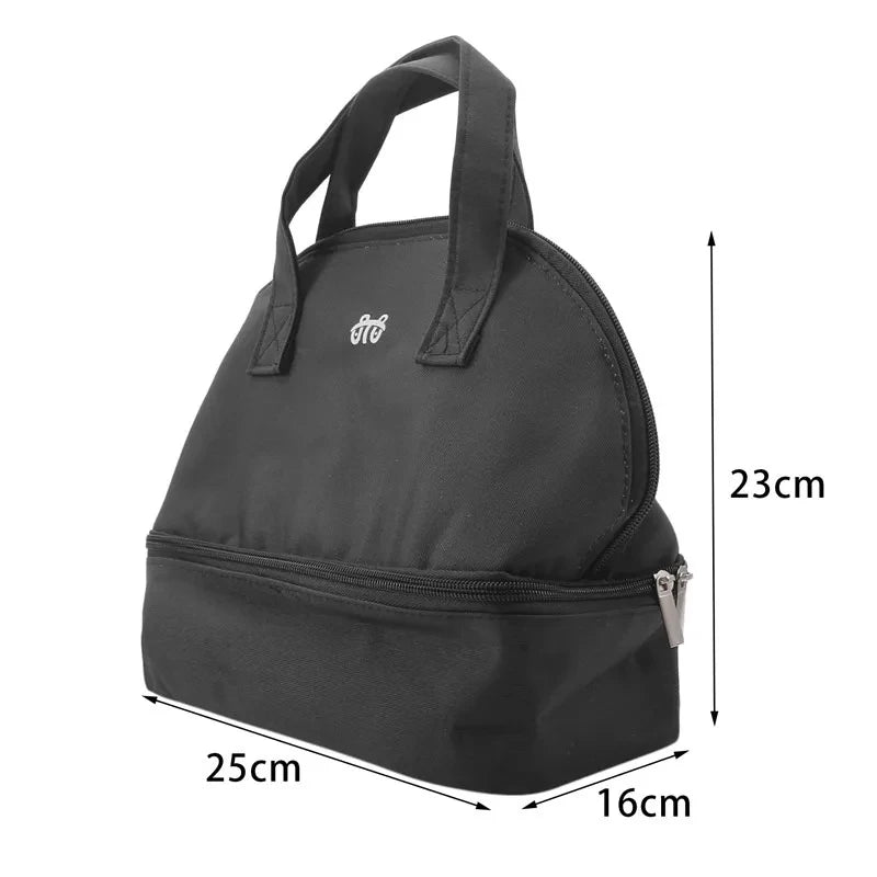 Black insulated lunch bag with measurements on a white background