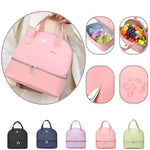 Pink insulated lunch bag with compartments for food items, shown with various color options.
