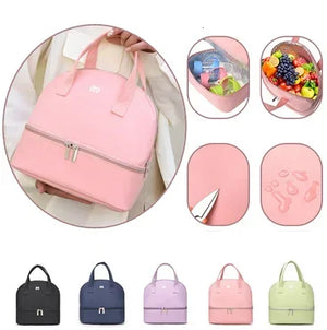 Pink insulated lunch bag with compartments for food items, shown with various color options.