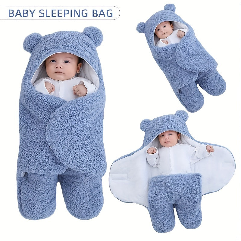 Blue baby sleeping bag with bear ears and feet, shown from multiple angles.