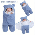 Blue baby sleeping bag with bear ears and feet, shown from multiple angles.