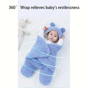Baby wrapped in a blue 360-degree wrap with text 'Wrap relieves baby's restlessness' on a light gray background.