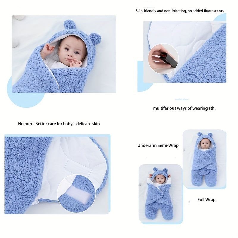 Baby wrapped in a blue swaddle with various usage scenarios shown.