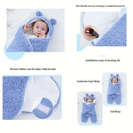 Baby wrapped in a blue swaddle with various usage scenarios shown.