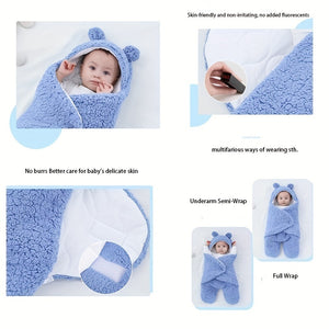 Baby wrapped in a blue swaddle with various usage scenarios shown.
