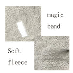 Text 'magic band' and 'soft fleece' with close-up images of textured fabric.