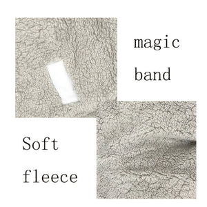 Text 'magic band' and 'soft fleece' with close-up images of textured fabric.