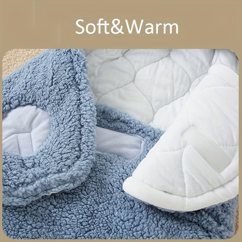 Blue and white quilted mats with 'Soft & Warm' text on a beige background